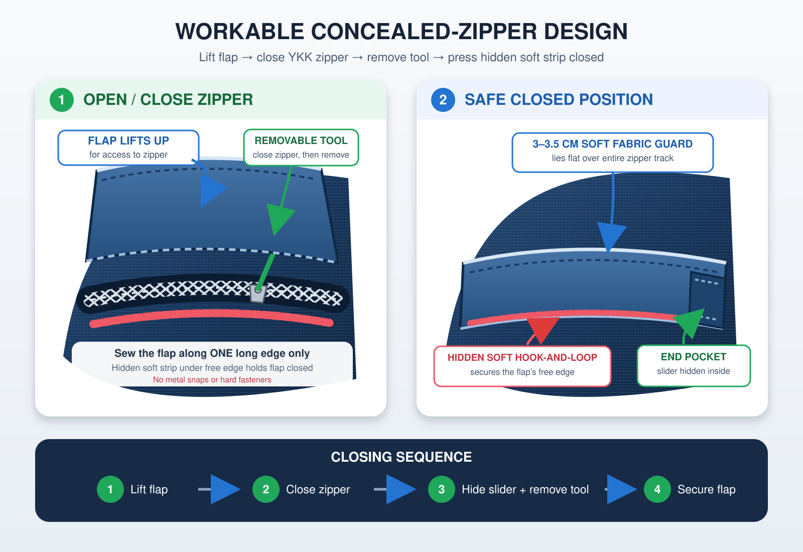Engineering concept showing the four-step concealed zipper closure and soft fabric guard